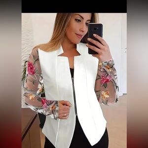 196. Floral Embroidered Open Front Blazer, Elegant Long Sleeve Blazer